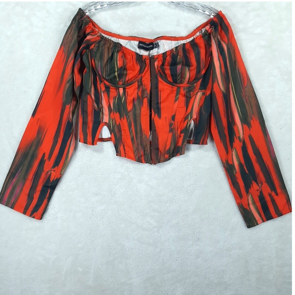 PrettyLittleThing Orange Abstract Print Bardot Corset‎ Long Sleeve Crop Top Sz 8